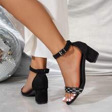 Sandálias femininas de salto alto com tiras e decoração de pérolas falsas pretas, moda casual, salto grosso, bico aberto, sandálias elegantes adequadas para festas, feriados e uso versátil - Diamantes redondos pretos - Ver 3