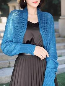 1pc Summer Chiffon Shawl, Fashionable Cardigan, Suitable For Cheongsam Or Dress, Korean Style Mesh Sleeve Design, Sun Protection Coverage,Holiday,Travel Essential - Beige - View 9