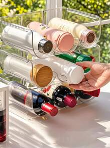 1pc No Drill Plastic Transparent Wine Rack With Cup Holder, Stackable Bar/Countertop/Fridge Storage For Wine Bottles And Tumblers, Home Kitchen Living Room Display Shelf