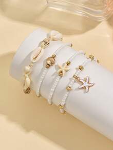4pcs/Set Summer Ocean Style Handmade Shell & Bead Anklet, Fashion Minimalist Pearl Starfish Metal Shell Beaded Jewelry For Women, Suitable For Daily Outfit, Beach Travel, Dating - Multicolor - View 4