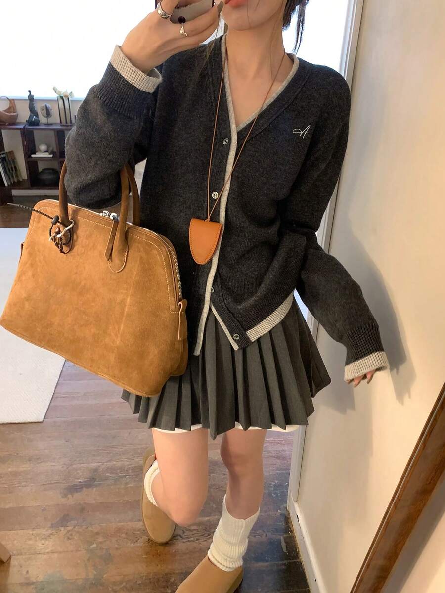 女士秋冬简约V领二合一毛衣开衫 - 深麻灰 - 查看 1