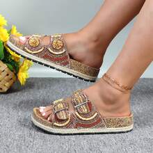 Sandalias planas para mujer con plantilla de corcho, punta abierta, correa ajustable, para caminar | Playa | Interior POWDER-03 - Marrón - Ver 2