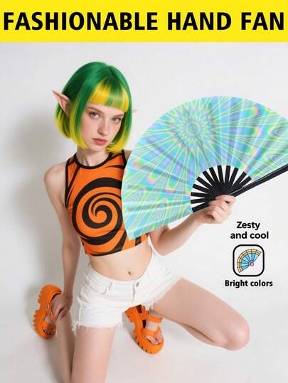 紫外线折叠手扇，按压式手扇，适合作为礼物，也适用于音乐节、嘉年华、彩虹服装、迪斯科派对、霓虹派对、荧光派对装饰