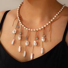 1pc New Bohemian Faux Pearl Chain Tassel Necklace, Personalized Seaside Resort Wear For Women (Shipped Without Box)