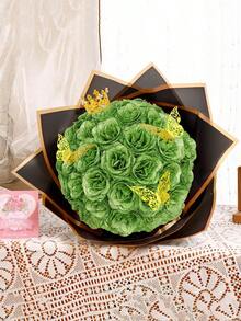 MEHELANY 20支/套 2.76英寸人造闪光玫瑰花束，绿色人造玫瑰，永不凋谢的闪光人造DIY玫瑰花束，适合周年纪念、订婚、结婚礼物、家居、房间、办公室、厨房装饰、派对装饰、情人节、母亲节装饰、送给女友、妈妈、女士的生日礼物（含包装纸） - 綠色 - 查看 3