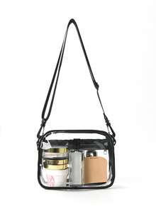 男女休闲透明斜挎包，简约防水PVC透明单肩包，迷你方形手机钱包，带可调节肩带，体育场认可的透明钱包，适合音乐会、体育赛事、节日、旅行、海滩