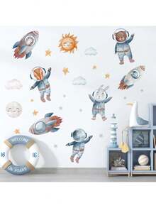 太空冒险卡通火箭墙贴适用于儿童房 - 可移除银河动物墙贴，儿童房装饰，可爱宇航员猫星球墙壁艺术 - 彩色 - 查看 4