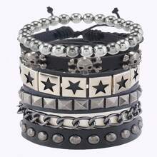 4pcs Wide PU Leather Skull & Pentagram Bracelet Set - Handmade Multi-Layer Studded Leather, Skull Beaded Wristband, Ideal Jewelry Gift For Men And Teenage Boys