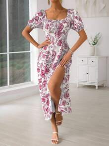 Vestido floral con hombros descubiertos y abertura alta para mujer,Vestidos estampados de mujer, Estampado floral azul y blanco,vestidos de mujer - Rosa - Ver 3