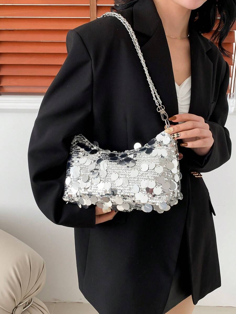 1件装绗缝拉链亮片手提包，夏季新款闪亮腋下包，大容量派对晚宴包，时尚链条单肩包，适合女性外出、度假、派对、宴会等场合