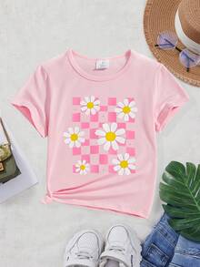 年轻女孩可爱花卉棋盘格印花短袖T恤 - 粉色 - 查看 1