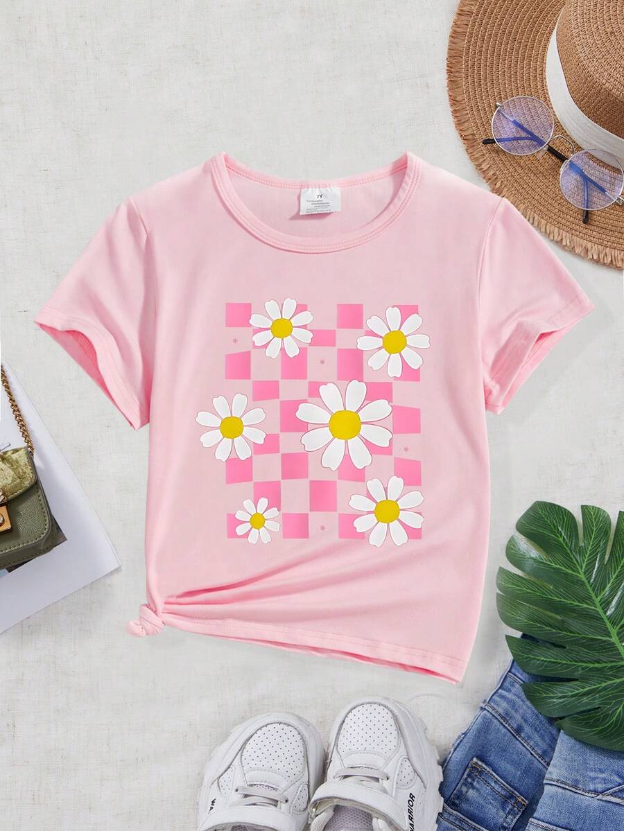 年轻女孩可爱花卉棋盘格印花短袖T恤 - 粉色 - 查看 1