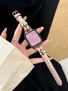 Dây đeo đồng hồ bằng da đính đá lấp lánh hình bướm cho Ultra 3/2/1, Series 10/9/8/7/6/5/4/3/2/1, Dây đeo đồng hồ bằng da thời trang thanh lịch dành cho phụ nữ trẻ, Bướm kim loại màu vàng hồng, Phù hợp với kích thước 38mm, 40mm, 41mm, 42mm, 44mm, 45mm, 46mm, 49mm - Màu Hồng baby - Xem 3