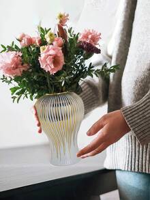 1件陶瓷姜罐金色条纹装饰通用罐花瓶瓷质储物罐带盖工艺品家居装饰花瓶