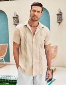 Mens Cuban Guayabera Shirt Short Sleeve Linen Button Down Shirts Casual Summer Beach Topshalloween - 卡其色 - 查看 3
