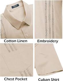 Mens Cuban Guayabera Shirt Short Sleeve Linen Button Down Shirts Casual Summer Beach Topshalloween - 卡其色 - 查看 8