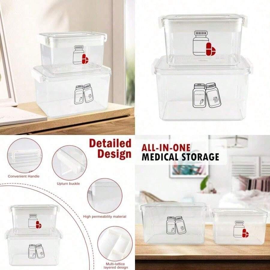 First Aid Box Empty And Vitamin Bottle Organizer Set Clear Plastic Medical Box With SnapOff Lid Handle For Supplements Medicine Storage - Clear - View 1