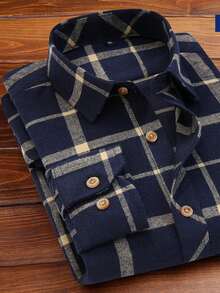 Men's Long-Sleeved Plaid Shirt, Casual Shirts, Striped Streetwear, Fashion Tops - 藏蓝色 - 查看 5