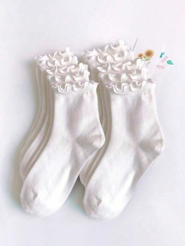 10 Pairs Women's White Frill Trimmed Casual Mid-Calf Socks, Women's Casual Crew Socks, Simple Comfort Breathable Sports Socks, Basketball Socks, Football Socks, Black Socks, White Socks, Couples' Socks, Moisture Wicking, Anti Bacterial, Anti Stink, Suitable For Business And Leisure, Outdoor Sports, Running, College Style,