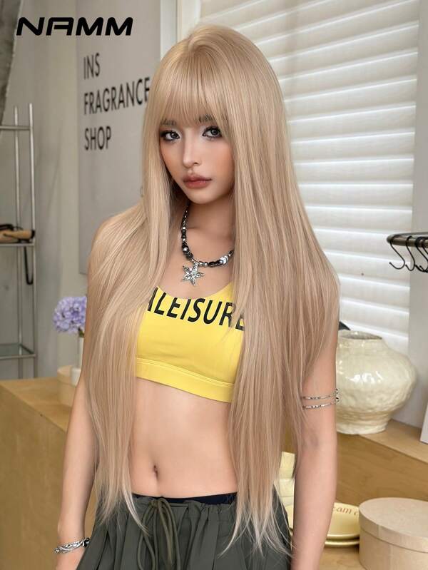 NAMM 28 Inch Golden Extra Long Layered Hair Wig - Very Long Syntehtic Straight Wig With Bangs, Premium Soft Silky Waist Heat-Resistant Fiber Hair Full Machine Costume Wigs For Women Daily Wear, Cosplay Festival Ready Party Use, - Sakura Celebrations Glam & Party Streetwear Photography - Girls Gift Wig Accessories Wig Accessories - Beginners Glueless Wig Accessories