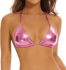 Metallic Halter Crop Top Shiny Bralette For Rave Or Swim - Hồng - Xem 1