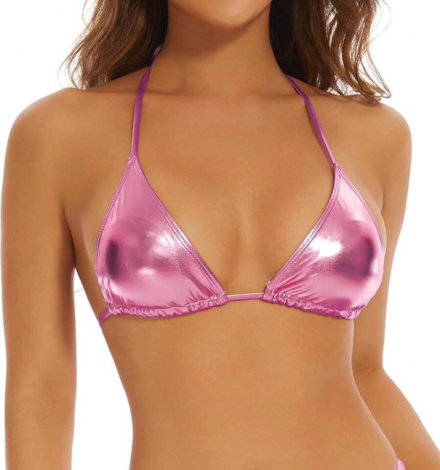 Metallic Halter Crop Top Shiny Bralette For Rave Or Swim - Hồng - Xem 1