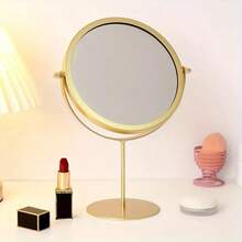 1pc Desktop Makeup Mirror For Women, Dorm And Student Portable High Definition Rotary Vanity Mirror - Gold - View 2