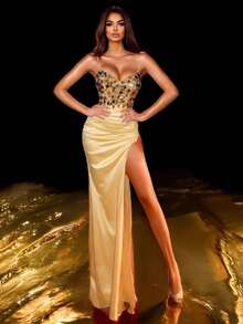 Women Glitter Patchwork Satin Party Dress With Padded Bust And Back Strap, Wedding Guest Dress, Formal Dress, Evening Dress,Gown - Gold - View 2