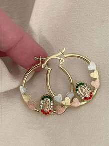 2 peças Brincos de Argola Dourados com Formato de Coração Minimalista da Virgem Maria, Incrustação de Cubic Zircônia, Adequados para Uso Diário das Mulheres e Presentes de Feriado