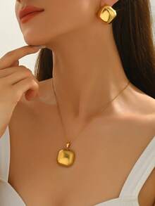 1 套女士时尚不锈钢闪亮几何设计首饰套装，适合女性通勤风格 - 金黃色 - 查看 2