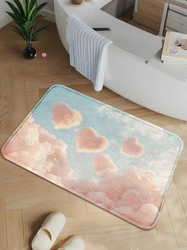 1 tapete de entrada macio em formato de coração com design de nuvem e céu, tapete de banheiro, capacho interno, tapete de cozinha, tapete longo, tapete de quarto, tapete externo, decoração de casa, rosa quente