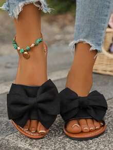 女士黑色圆头平底凉鞋，带蝴蝶结装饰，适合办公室、户外和家居穿着 - 黑色 - 查看 3