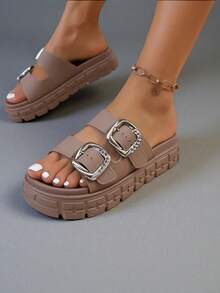 FZY New 2026 Women's Outdoor Sports Sandals, Stylish And Multifunctional, With A Simple Wedge Heel Design, Lightweight And Comfortable, Double-Strap Buckle Platform Women's Sandals, A Pair Of Slippers That Can Be Worn At Home Or Outdoors, A Must-Have Flat Sandal For Valentine's Day At Home, And A Women's Casual Everyday Wear Platform Sandal. - 卡其色 - 查看 5