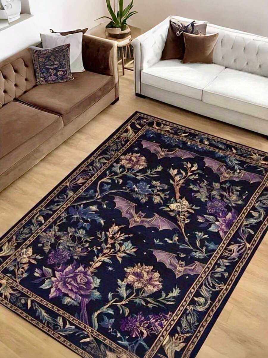1 件超大风格区域地毯 - 复古美学，Oushak 设计，海军蓝，带花卉和蝙蝠图案，客厅地毯，地毯，客厅区域地毯，区域地毯，垫子，家居装饰，大客厅地毯
