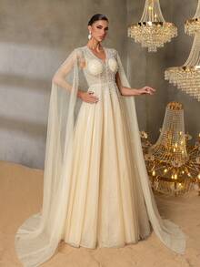 Faeriesty 奢华 V 领串珠晚礼服，搭配加长袖和夸张 A 字裙摆，优雅优雅，适合红毯盛典、黑色领带颁奖典礼、高调婚礼、奢华晚会、正式慈善活动