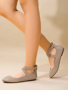 Women Ballet Flats Cross Elastic Ankle Straps Round Toe With Back Zipper Fashion Elegant Comfortable Daily Dress Versatile Non-Slip Flats Shoes - Vàng - Xem 2
