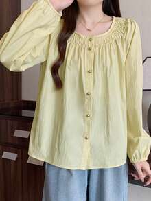 秋季新款温柔皱褶衬衫百搭宽松法式衬衫上衣 - 黃色 - 查看 2