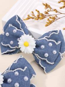 2 piezas Pasadores para el cabello de niña de color azul denim con decoración de margaritas y perlas, accesorios de cabello lindos y elegantes para volver al colegio/días de primavera/uso diario