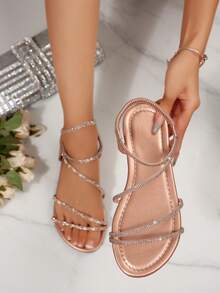 新款夏季露趾系带交叉松紧带平底凉鞋女式欧美风格 - 香檳色 - 查看 2