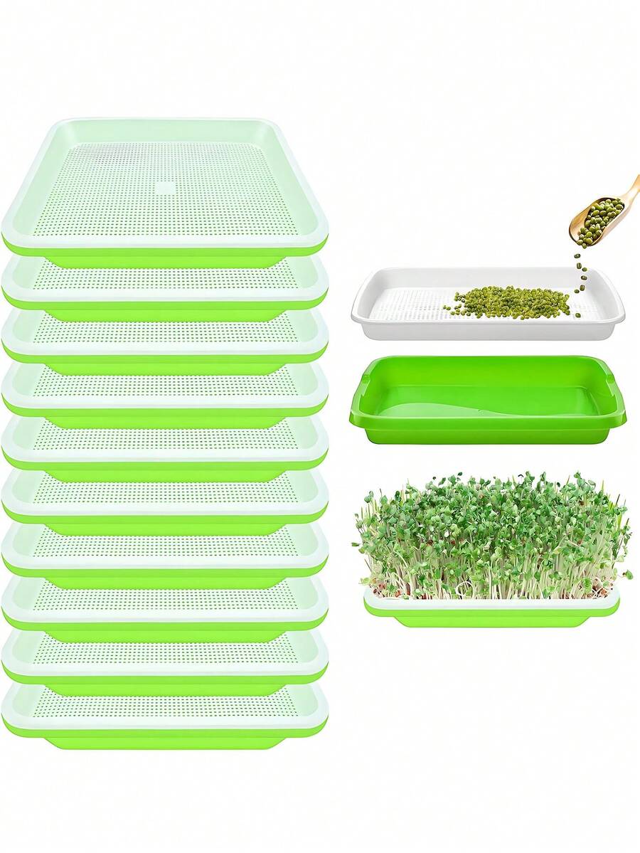 4 khay ươm hạt giống xanh, khay ươm hạt giống có lỗ thoát nước, khay nảy mầm không cần đất cho trong nhà hoặc ngoài trời, ươm hạt giống, trồng cỏ, đậu - màu xanh lá - Xem 1