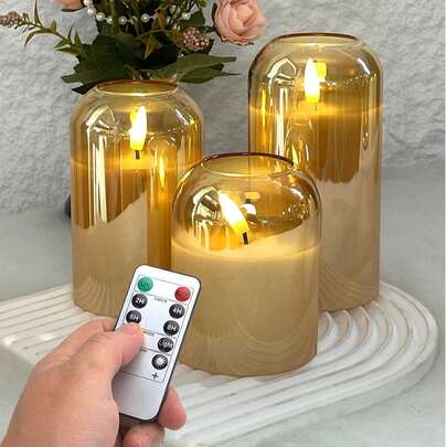 3支装无焰蜡烛灯，带定时/遥控器，电池供电LED蜡烛，许愿蜡烛，无味蜡烛，3支逼真烛芯柱形蜡烛，火焰温暖，适用于家居、卧室、婚礼、求婚、圣诞节、万圣节、情人节、母亲节、公司聚会等场合。