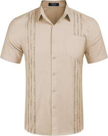 Mens Cuban Guayabera Shirt Short Sleeve Linen Button Down Shirts Casual Summer Beach Topshalloween - 卡其色 - 查看 6