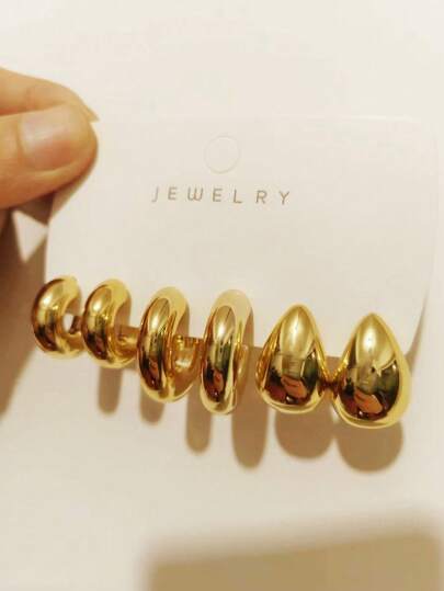 6pcs Metallic Shiny C-Shape Hoop Earrings Set, Exaggerated Big Earrings For Women, Everyday Wear