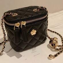 Rhombus Leather Chain Bucket Bag Mini Tote & Crossbody Makeup Bag - Black - View 2