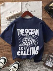 1 pieza Camiseta de manga corta con estampado de tortuga para niño preadolescente, top de verano para prepararse a jugar junto al mar - Azul Marino - Ver 3