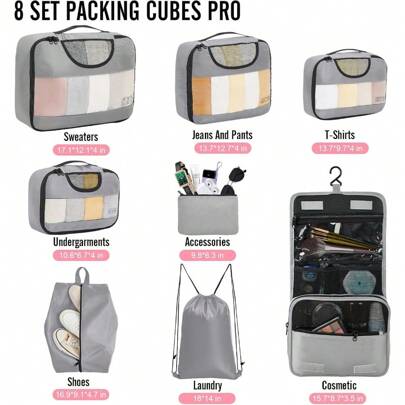 Local Shipping 2025 New Suitcase Organizer Bags Set For Luggage,  8 Set Packing Cubes For Travel Essentials, Road Trip Travel Accessories In 4 Sizes (