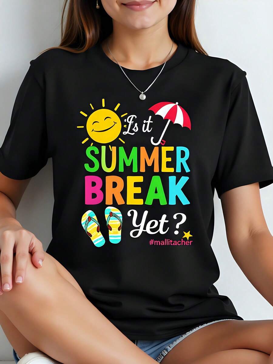 ¿Ya son vacaciones de verano? Camiseta negra de algodón de 180 g con estampado de sombrilla y chanclas, cuello redondo y manga corta para mujer, ideal para vacaciones y diversión, talla grande para mujer. - Negro - Ver 1