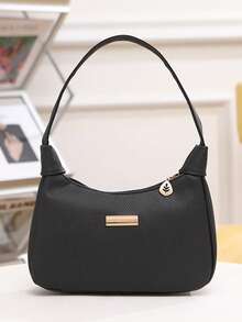 Lychee Grain PU Women's Bag, Fashion Shoulder Bag For Women, Solid Color Synthetic Leather Handbag With Zipper Closure And Wristlet, Polyester Lined, Versatile Underarm Dumpling Purse - Available In White, Black, Pink,Khaki,Brown