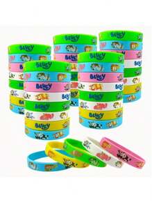 Bluey 10 قطع أو 12 قطعة من أساور سيليكون بأشكال كرتونية ملونة عشوائية لعائلة بلوي وأصدقائهم، أساور مطاطية ناعمة بنمط مرسوم لشخصيات الكلب بينجو وباندت وكريستين هيلر، هدايا وإكسسوارات لحفلات الأطفال والأعياد