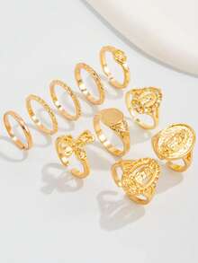 10pcs Exaggerated Rhinestone Crown & Cross Punk Fashion Finger Rings, Suitable For All Occasions, Great Gift Choice - Gold - View 3